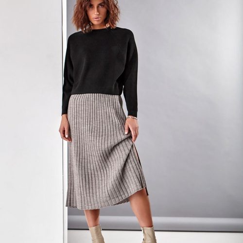 Midi Wool Skirt High Waist Rib Knit Side