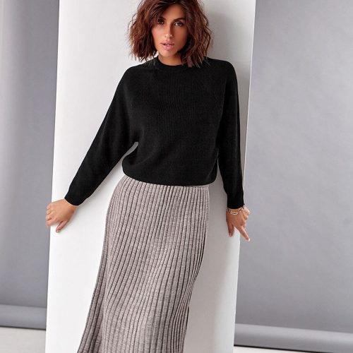 Midi Wool Skirt High Waist Rib Knit Side