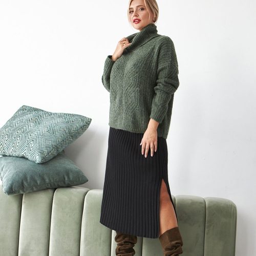 Midi Wool Skirt High Waist Rib Knit Side