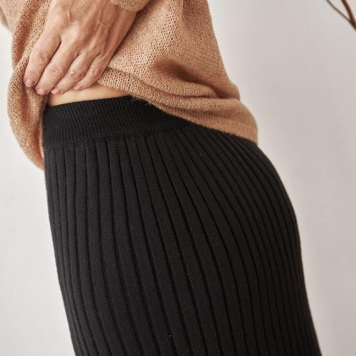 Midi Wool Skirt High Waist Rib Knit Side