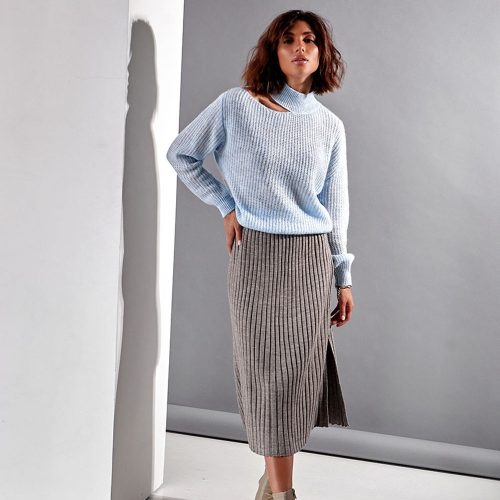 Midi Wool Skirt High Waist Rib Knit Side