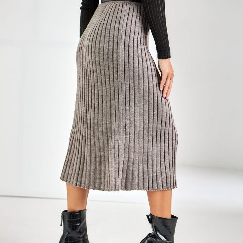 Midi Wool Skirt High Waist Rib Knit Side