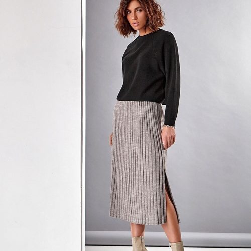 Midi Wool Skirt High Waist Rib Knit Side
