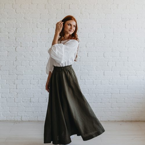 Chocolate Brown Heavyweight Linen Skirt With Pockets And