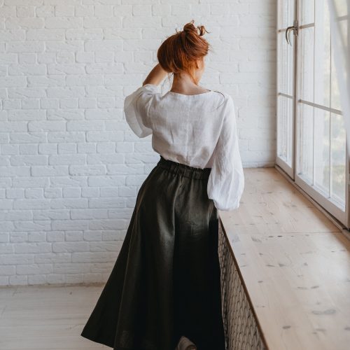 Chocolate Brown Heavyweight Linen Skirt With Pockets And