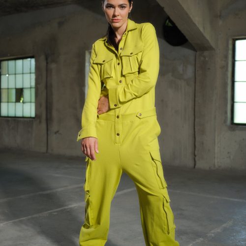 Handmade Lemon Green Cotton Utility Jumpsuit: Plus Sizes