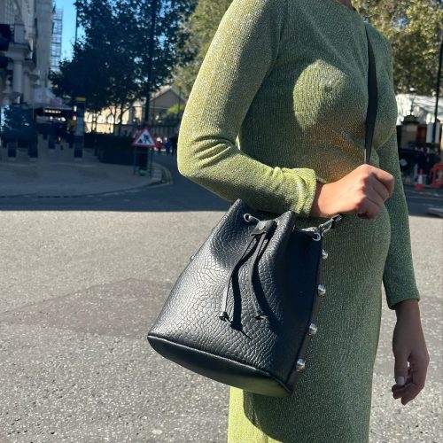 Black Leather Bucket Bag Shopping Purse Women Handbag