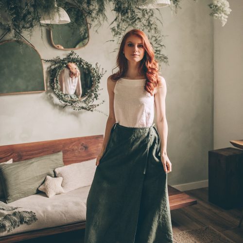 Green Linen Wrap Maxi Skirt With Pockets Boho