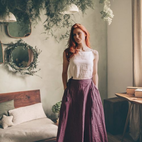 Green Linen Wrap Maxi Skirt With Pockets Boho