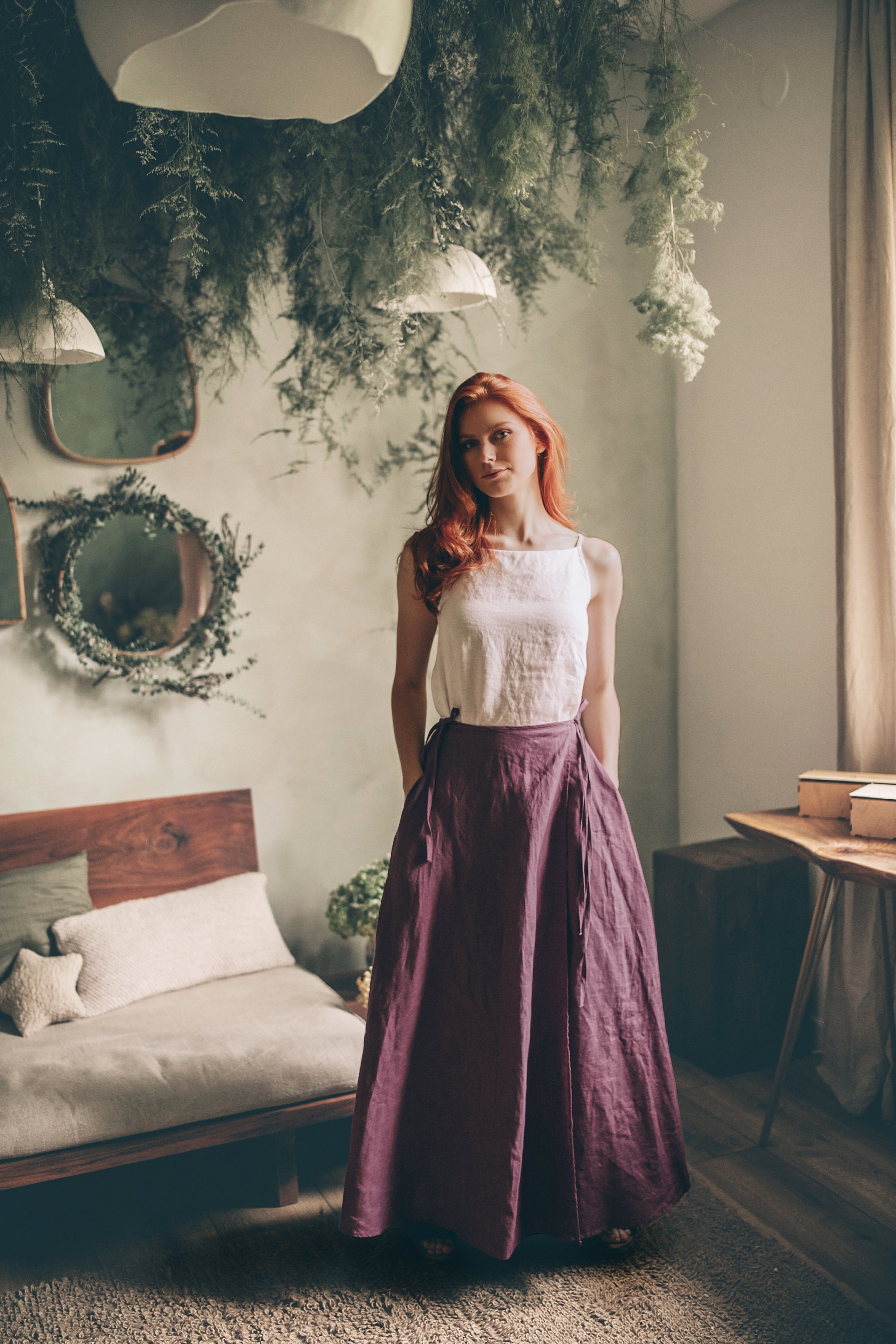 Green Linen Wrap Maxi Skirt With Pockets Boho