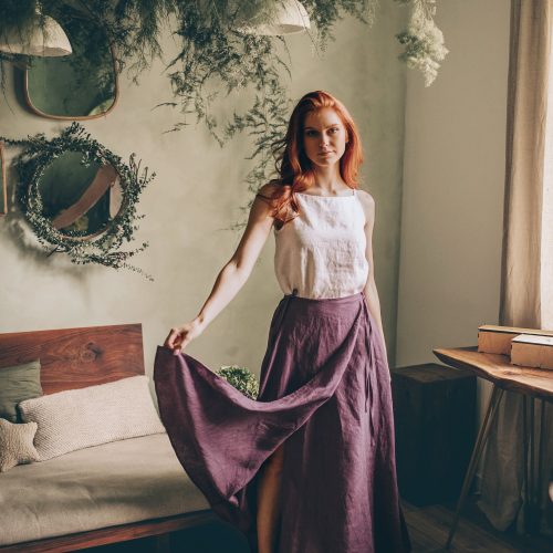 Green Linen Wrap Maxi Skirt With Pockets Boho