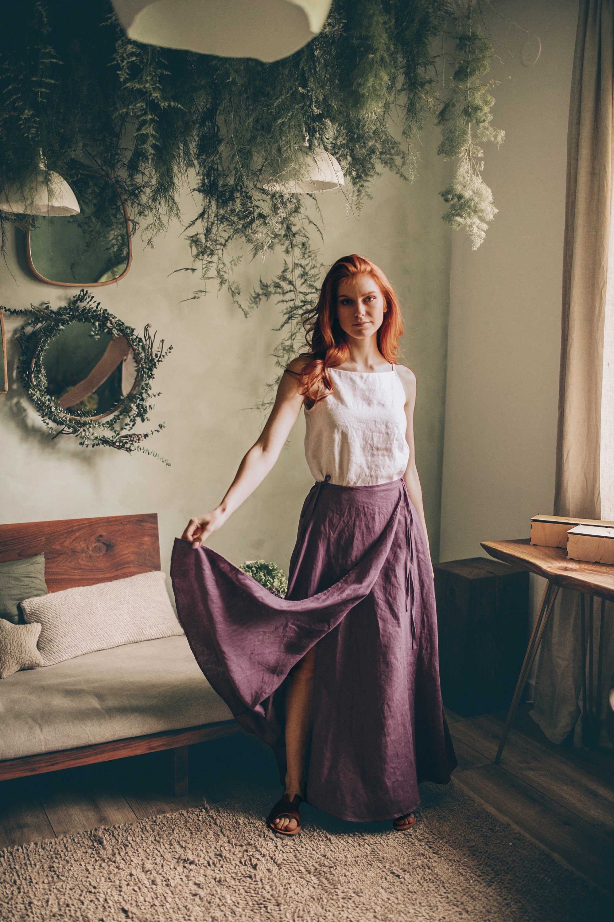 Elegant Linen Wrap Maxi Skirt Military Green Pockets