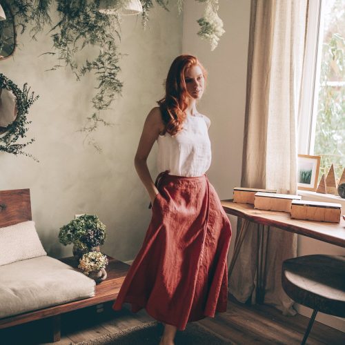 Linen Wrap Skirt: Moroccan Red With Ties And