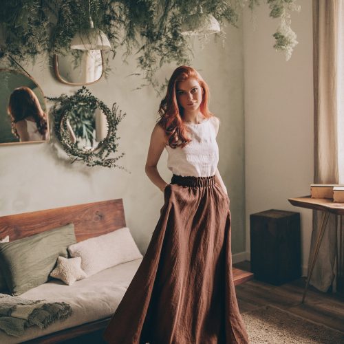 Linen Maxi Skirt Elastic Waist Boho Pocket