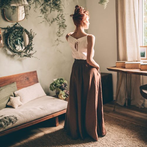 Linen Maxi Skirt Elastic Waist Boho Pocket