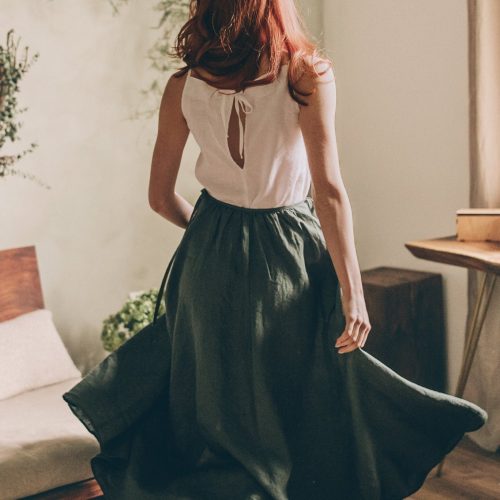 Elegant Linen Wrap Maxi Skirt Military Green Pockets