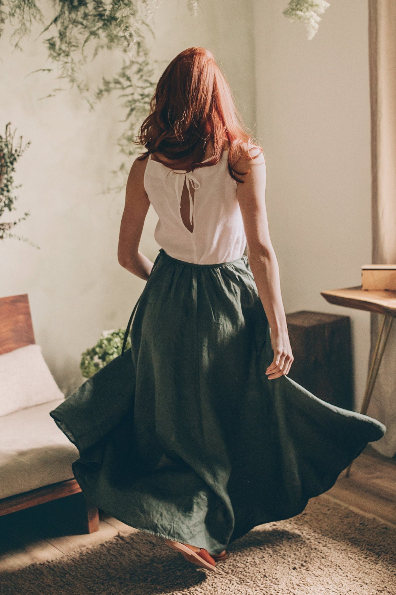Elegant Linen Wrap Maxi Skirt Military Green Pockets