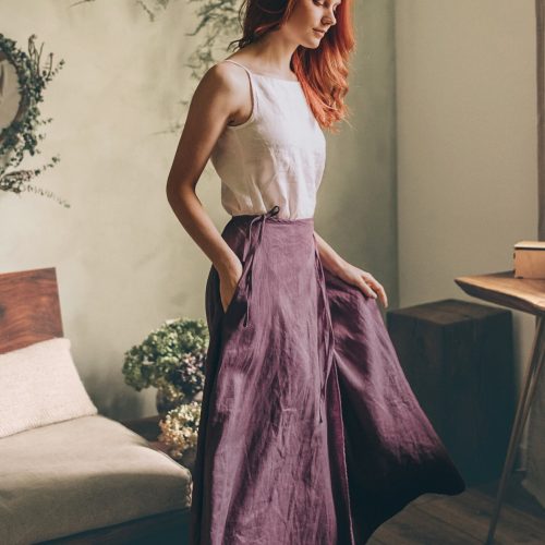 Elegant Linen Wrap Maxi Skirt Military Green Pockets