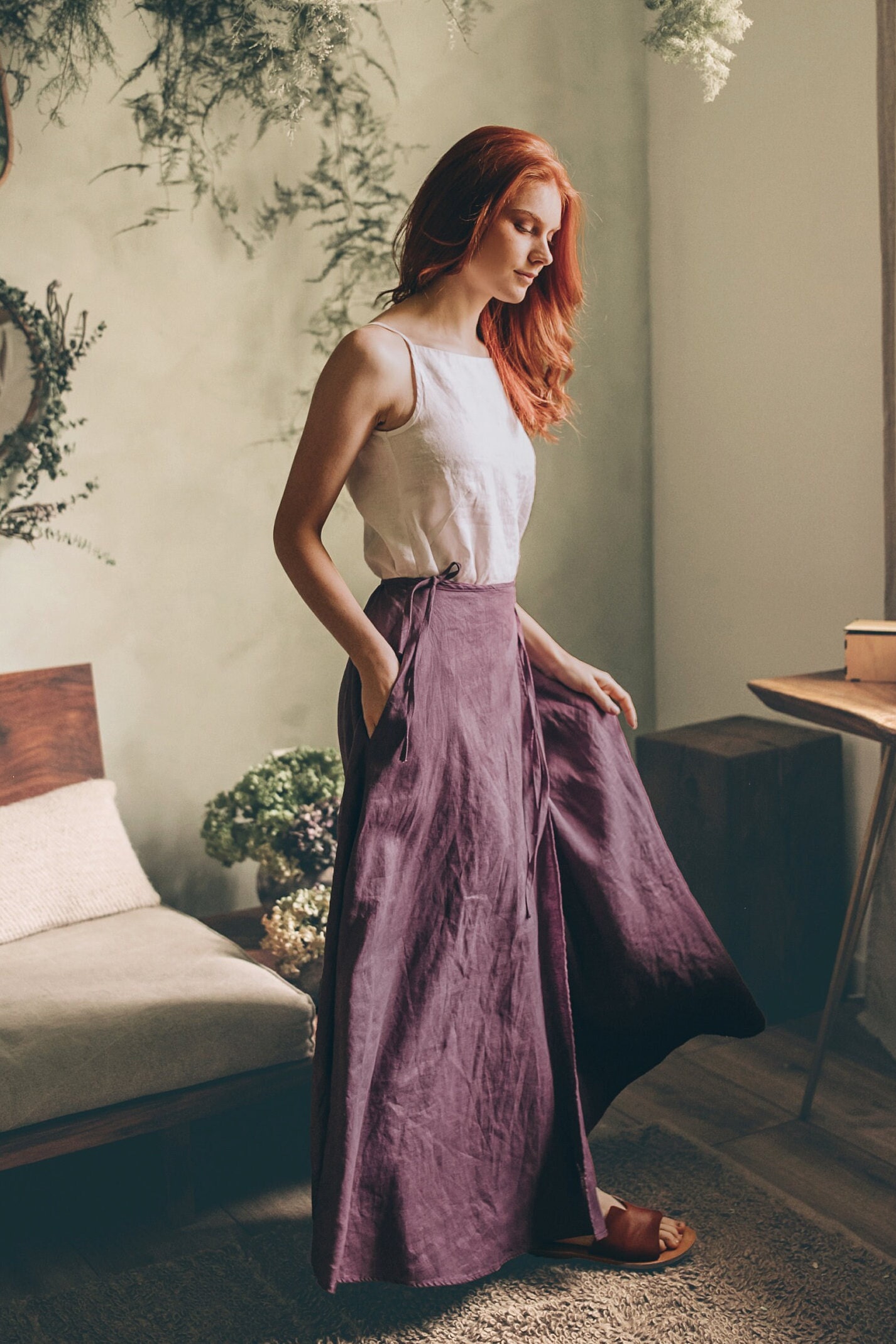 Elegant Linen Wrap Maxi Skirt Military Green Pockets