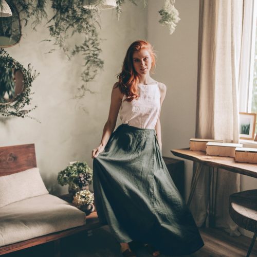 Green Linen Wrap Maxi Skirt With Pockets Boho