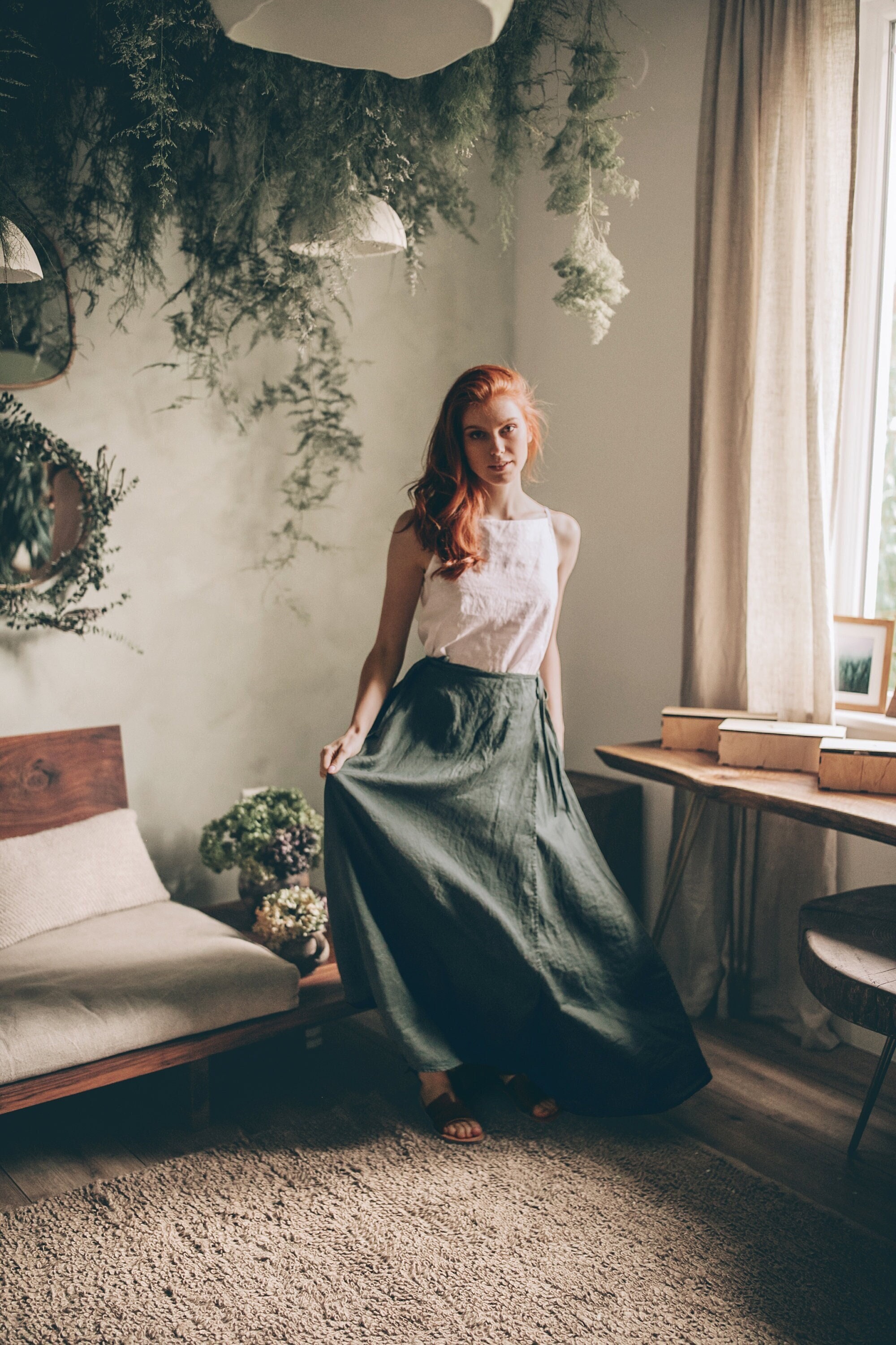 Green Linen Wrap Maxi Skirt With Pockets Boho
