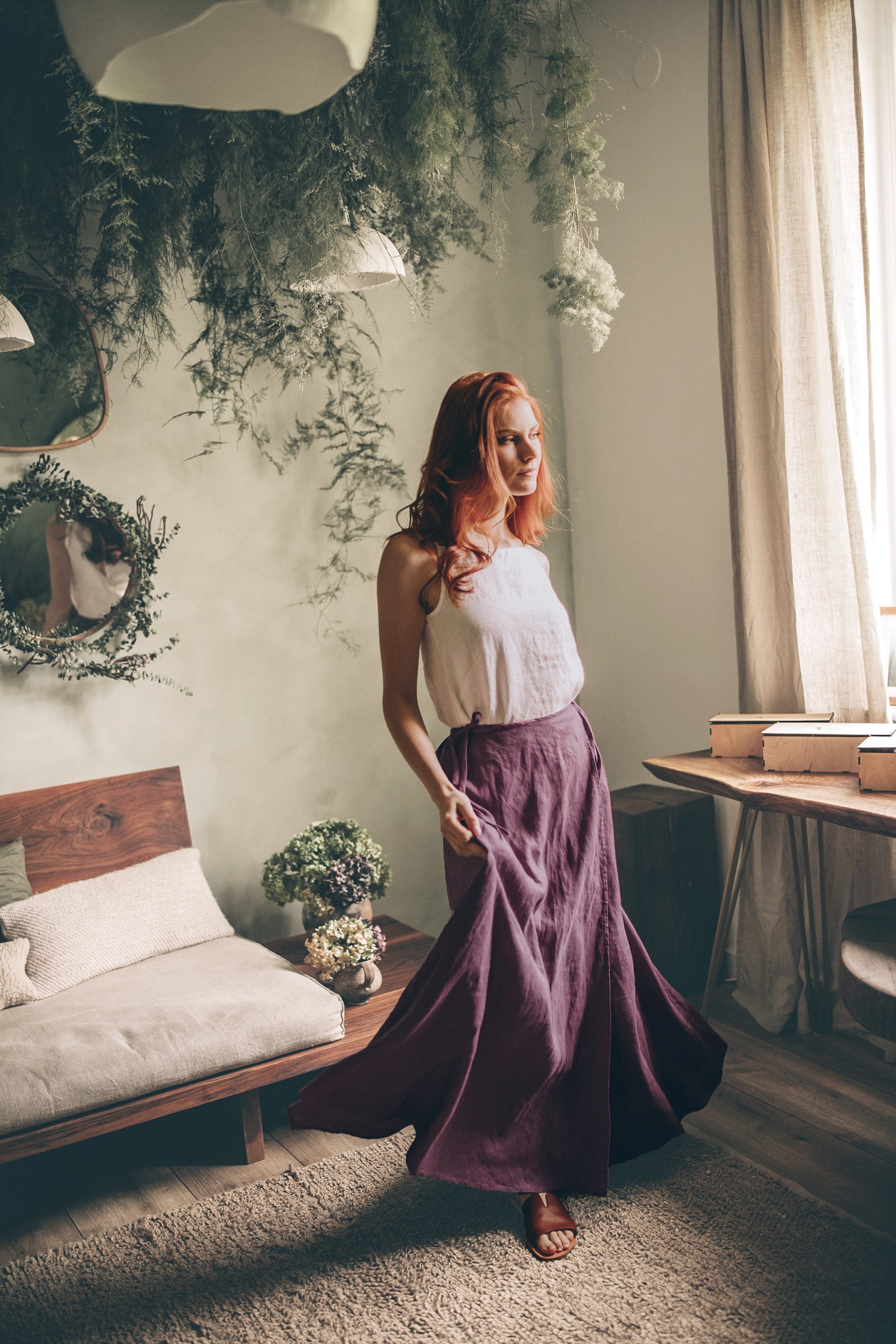 Elegant Linen Wrap Maxi Skirt Military Green Pockets