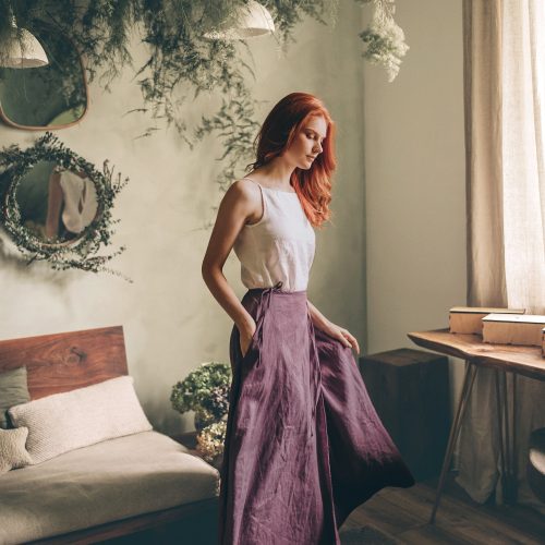 Green Linen Wrap Maxi Skirt With Pockets Boho