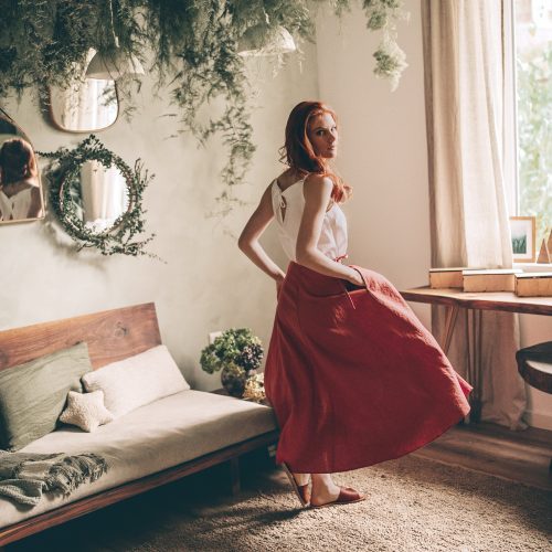 Linen Wrap Skirt: Moroccan Red With Ties And