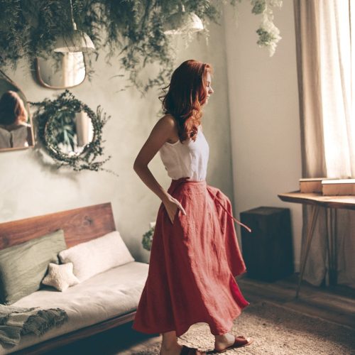 Linen Wrap Skirt: Moroccan Red With Ties And