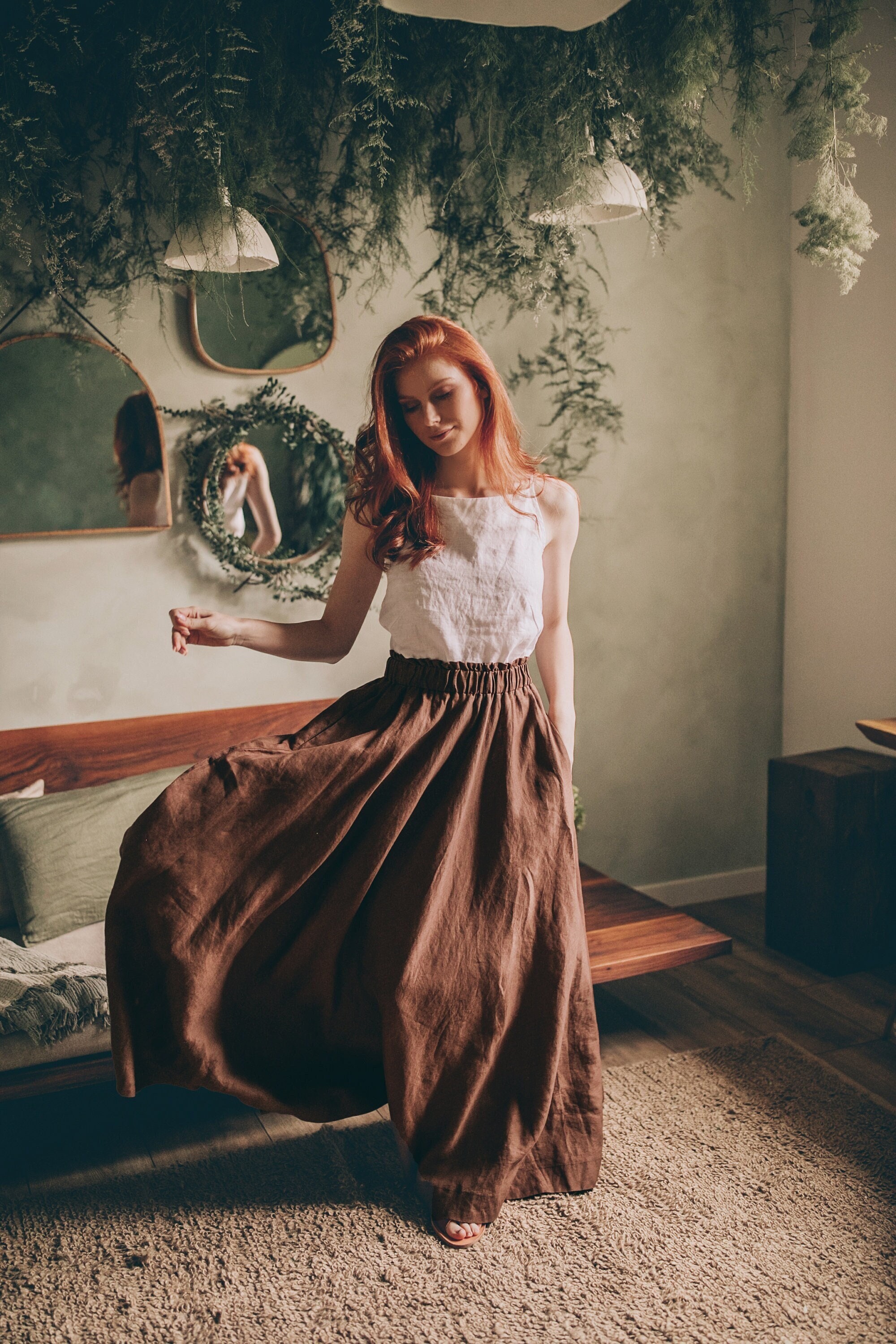 Linen Maxi Skirt Elastic Waist Boho Pocket