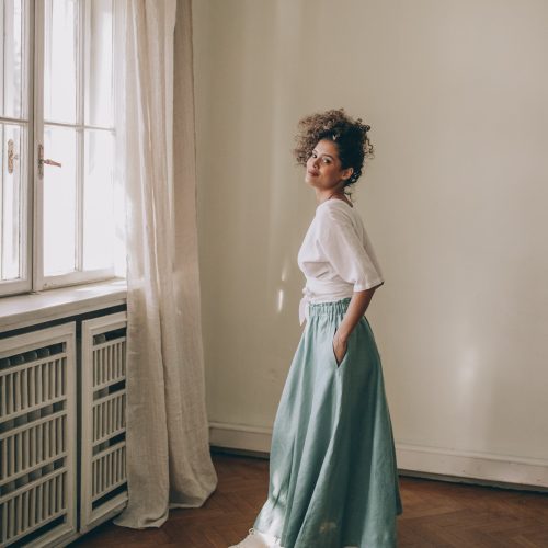 Dusty Turquoise Linen Skirt With Pockets Summer For