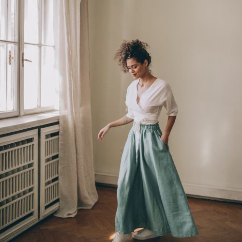 Dusty Turquoise Linen Skirt With Pockets Summer For