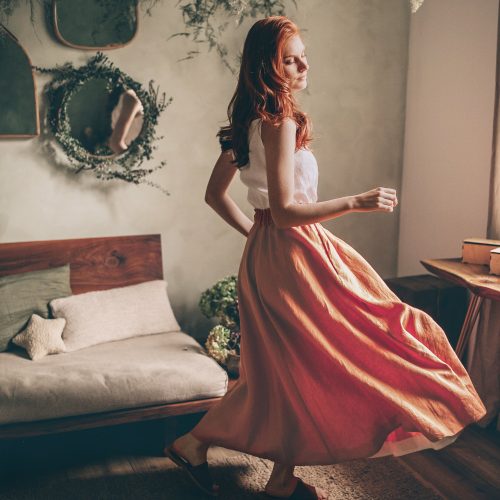 Dusty Turquoise Linen Skirt With Pockets Summer For