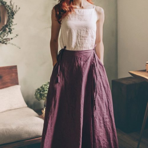 Elegant Linen Wrap Maxi Skirt Military Green Pockets