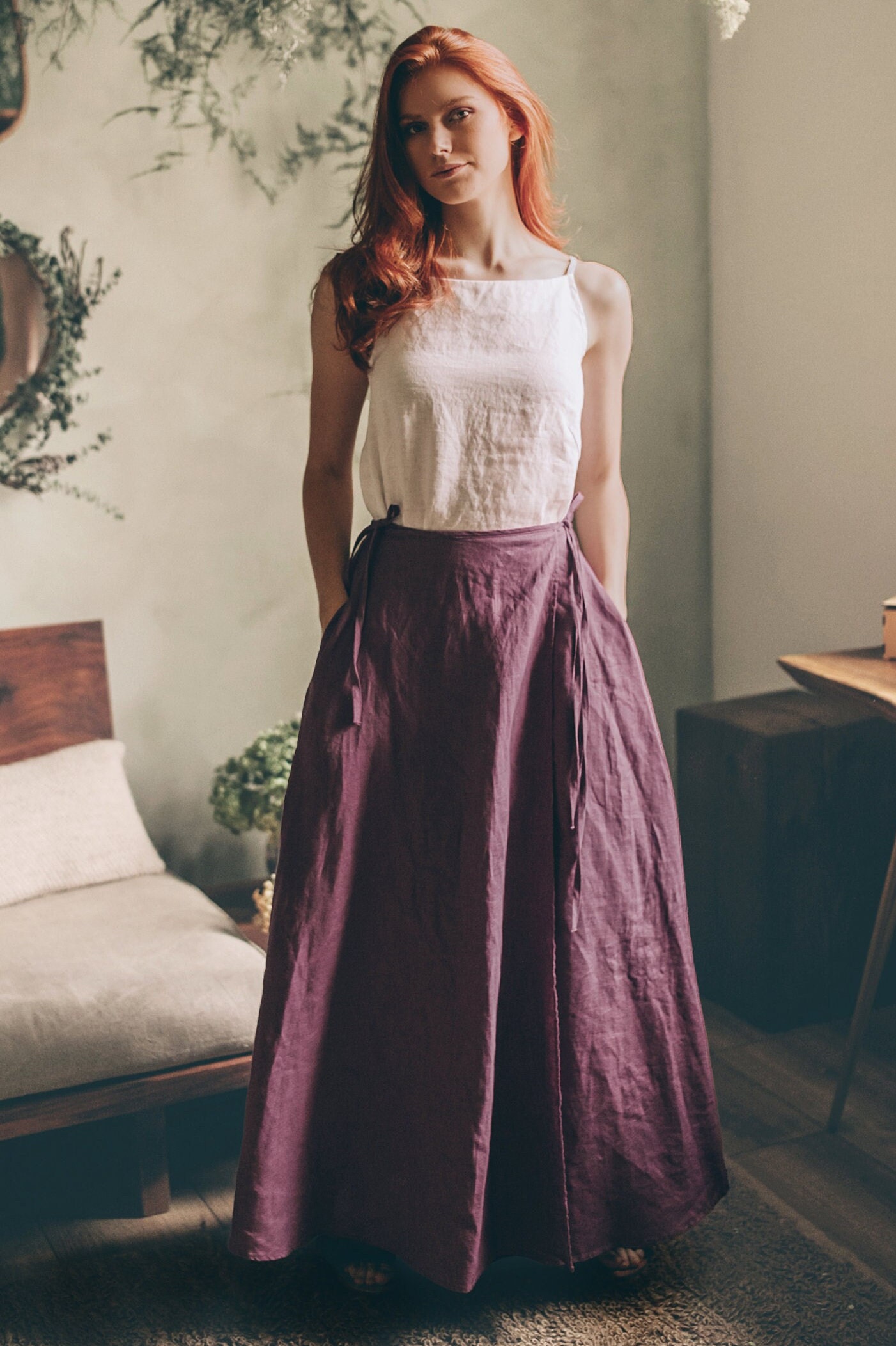Elegant Linen Wrap Maxi Skirt Military Green Pockets