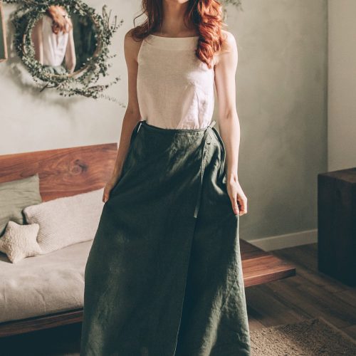 Elegant Linen Wrap Maxi Skirt Military Green Pockets