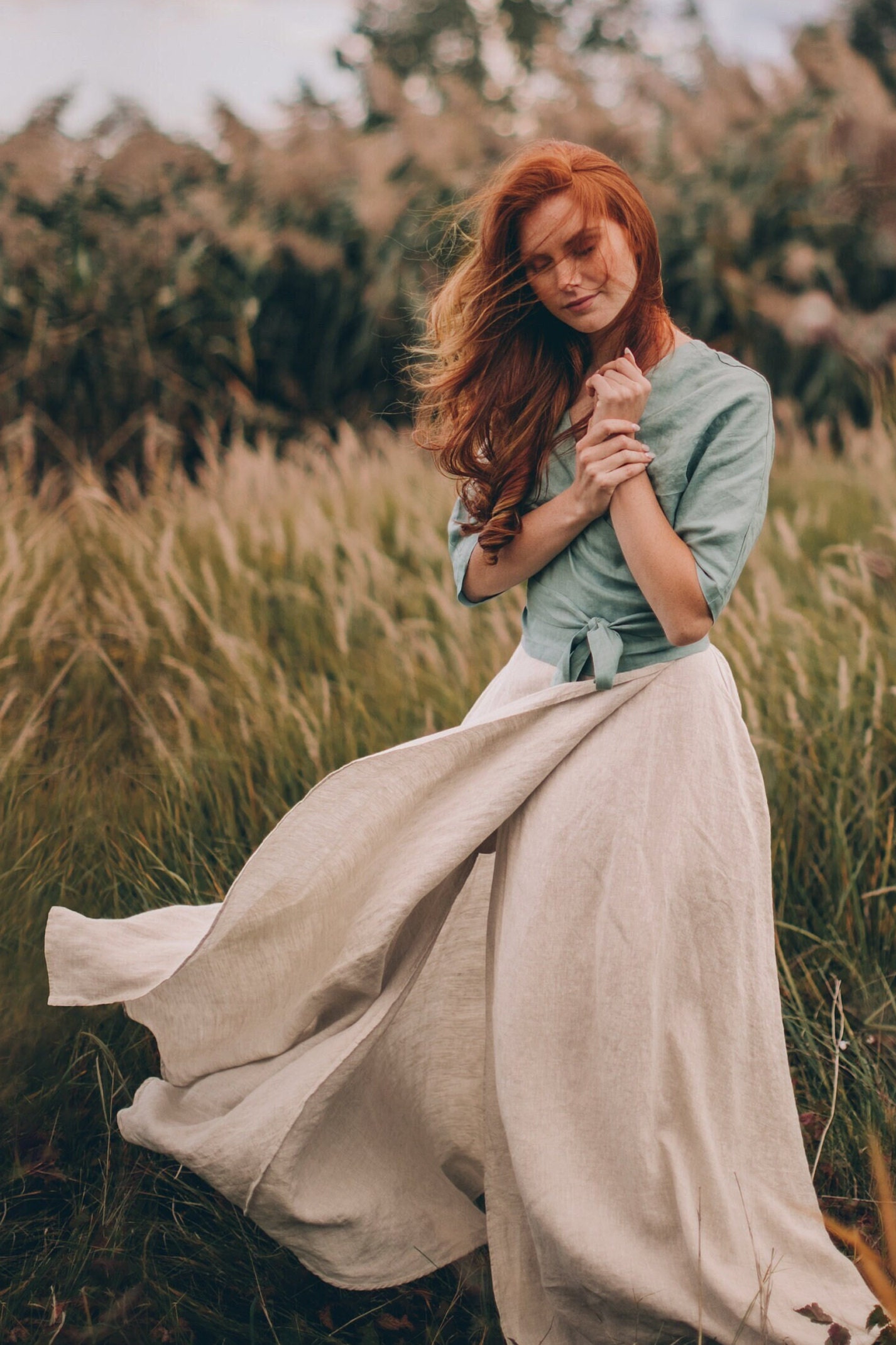 Elegant Linen Wrap Maxi Skirt Military Green Pockets