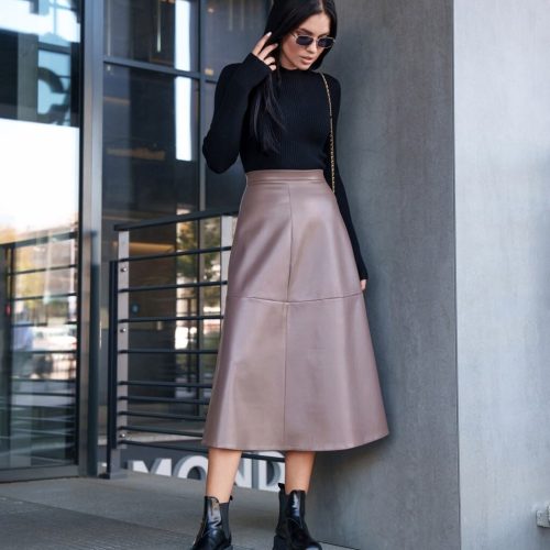 Vegan Leather Midi Skirt Aline Mid Waist Zipper