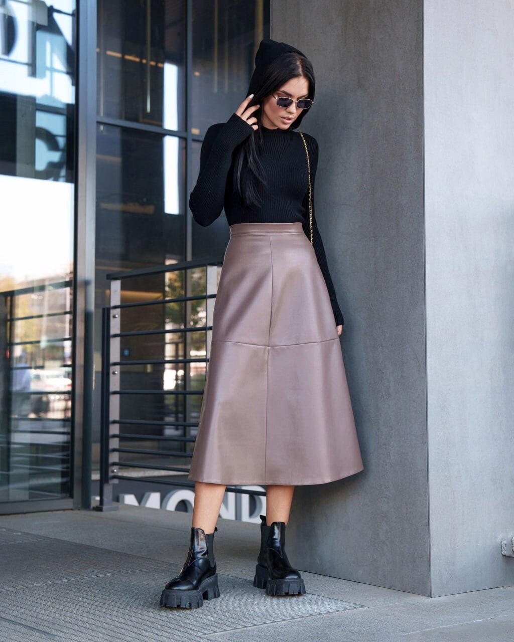 Vegan Leather Midi Skirt Aline Mid Waist Zipper