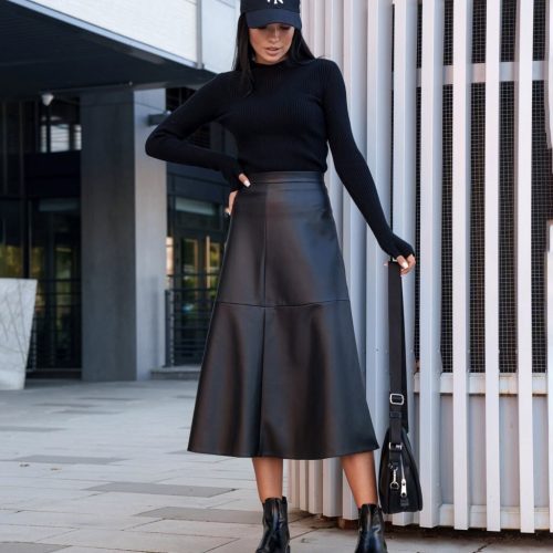 Vegan Leather Midi Skirt Aline Mid Waist Zipper
