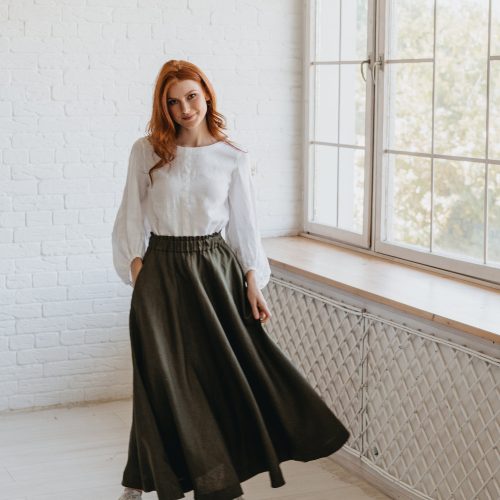 Chocolate Brown Heavyweight Linen Skirt With Pockets And