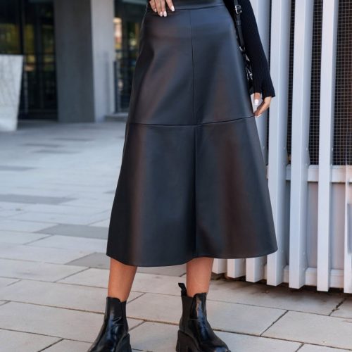 Vegan Leather Midi Skirt Aline Mid Waist Zipper