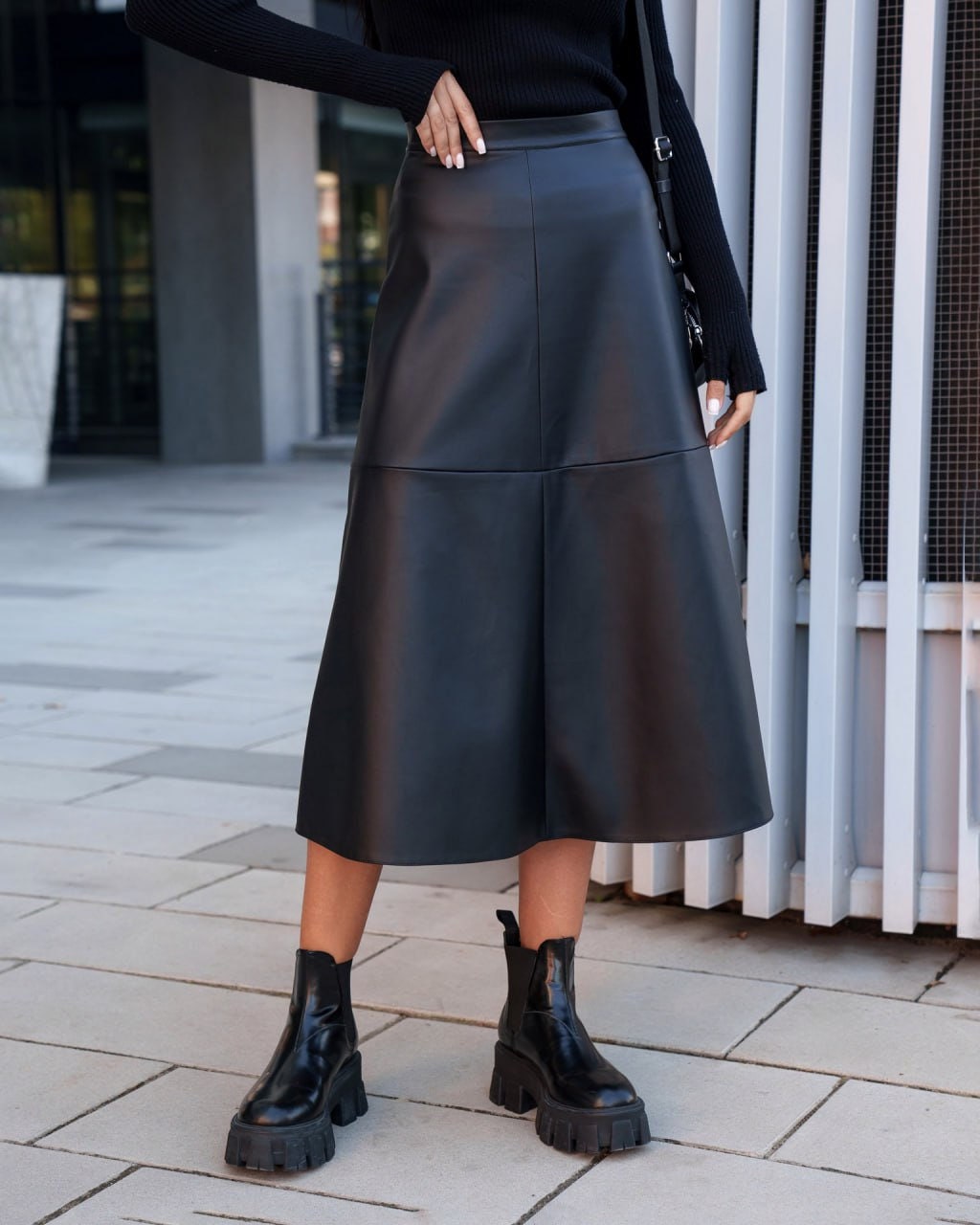 Vegan Leather Midi Skirt Aline Mid Waist Zipper