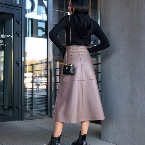 Vegan Leather Midi Skirt Aline Mid Waist Zipper