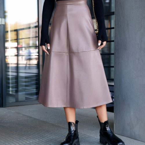 Vegan Leather Midi Skirt Aline Mid Waist Zipper