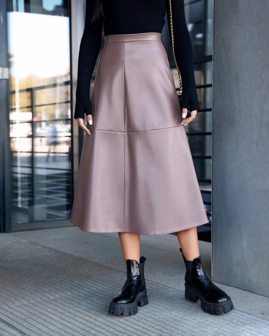 Vegan Leather Midi Skirt Aline Mid Waist Zipper