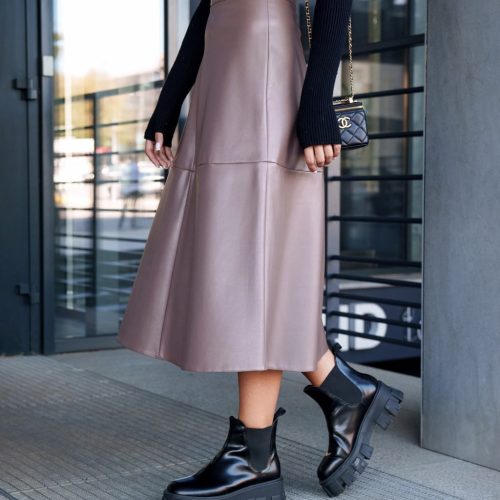 Vegan Leather Midi Skirt Aline Mid Waist Zipper
