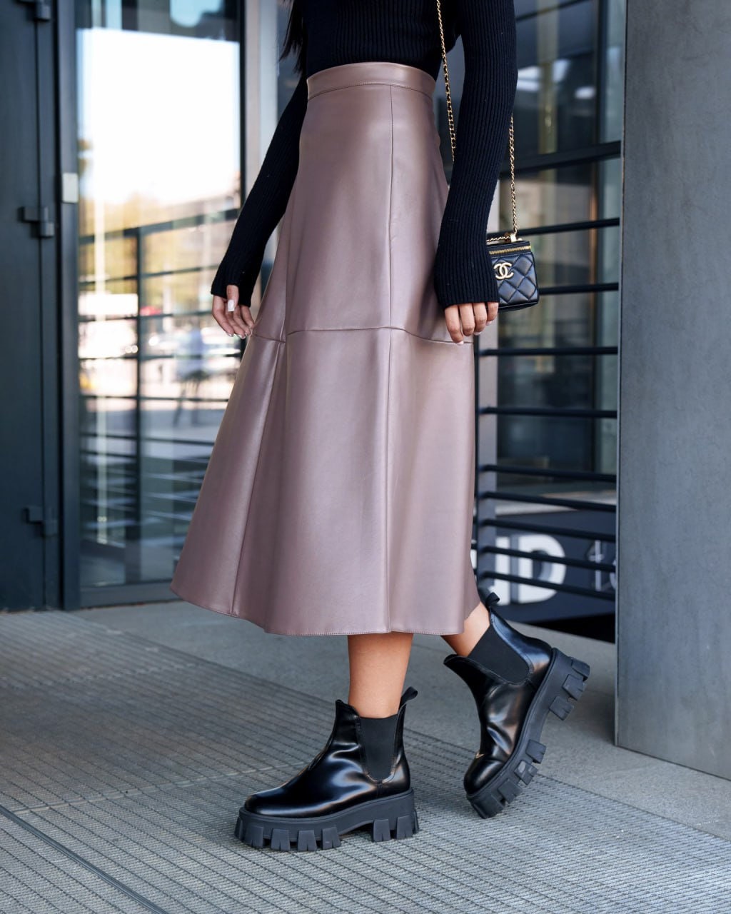 Vegan Leather Midi Skirt Aline Mid Waist Zipper