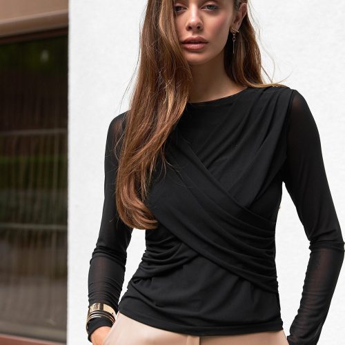 Fitted Long Sleeve Top Symmetric Drape Womens Blouse