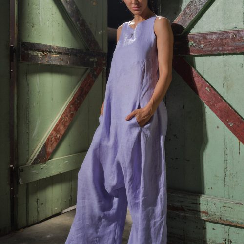 Lilac Linen Jumpsuit: Avant Garde Drop Crotch Overalls